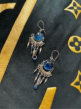 Moonstone Blue Glass Dangle Earrings - Silver-Tone Boho Chic